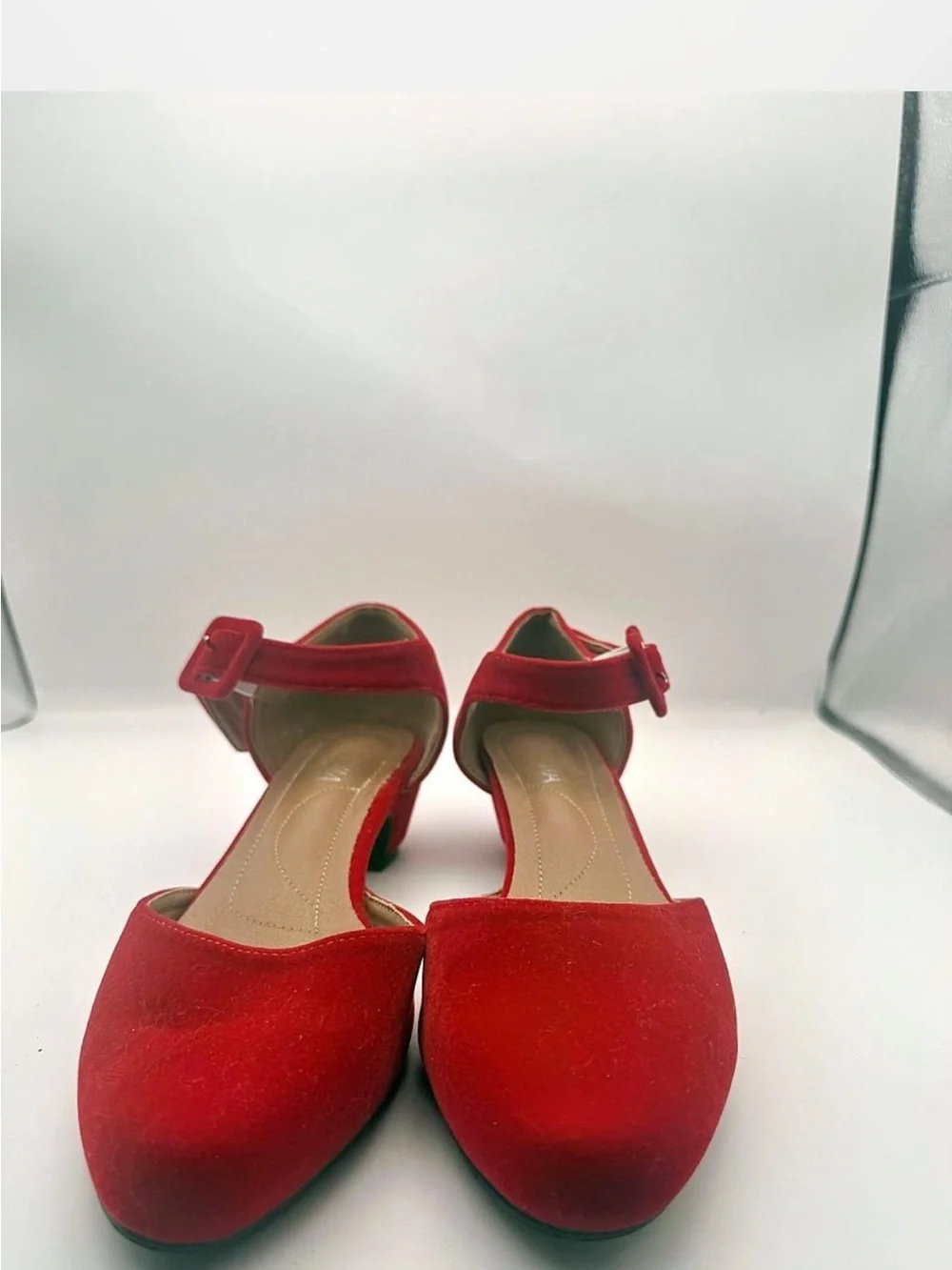Amazon Red Suede Low Block Heel Ankle-Strap Pumps